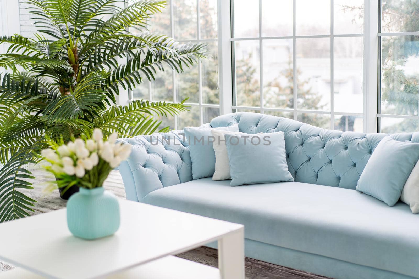 Luxury house interior. ELegant living room Modern Interior design. White Living Room Tulip flowers standing vase on coffee table