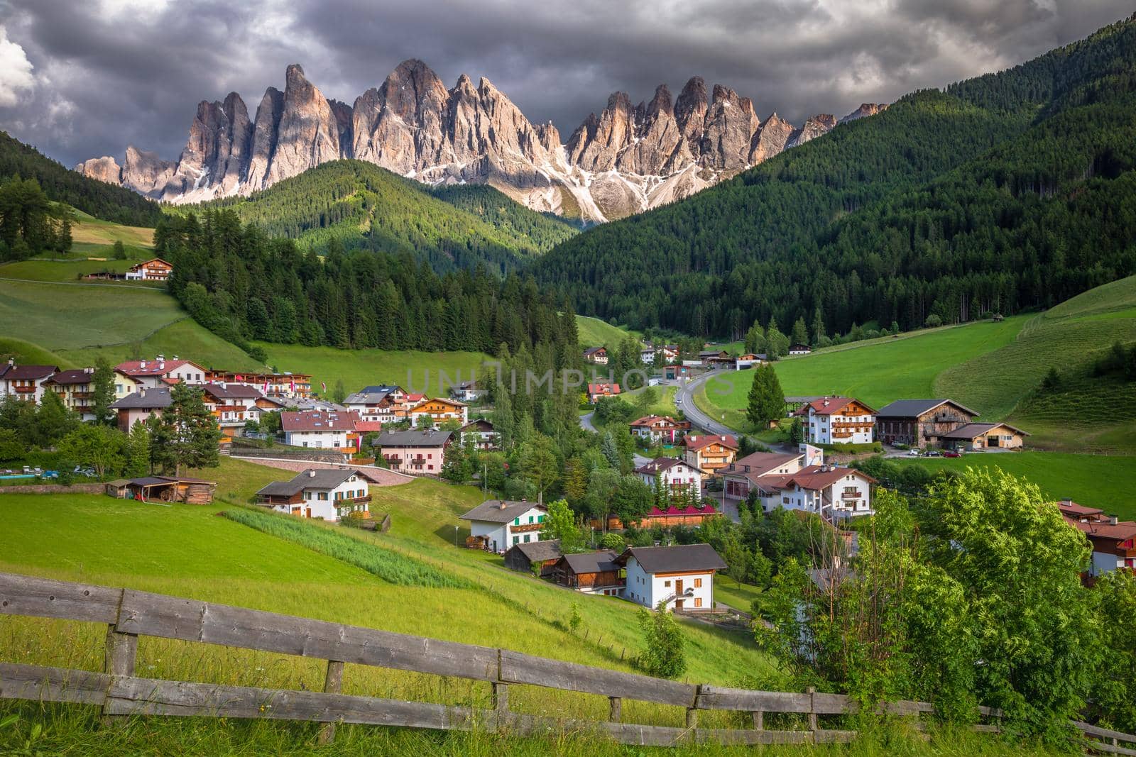 Idyllic St. Magdalena village in Funes Valley, Dolomites, Northern Italy