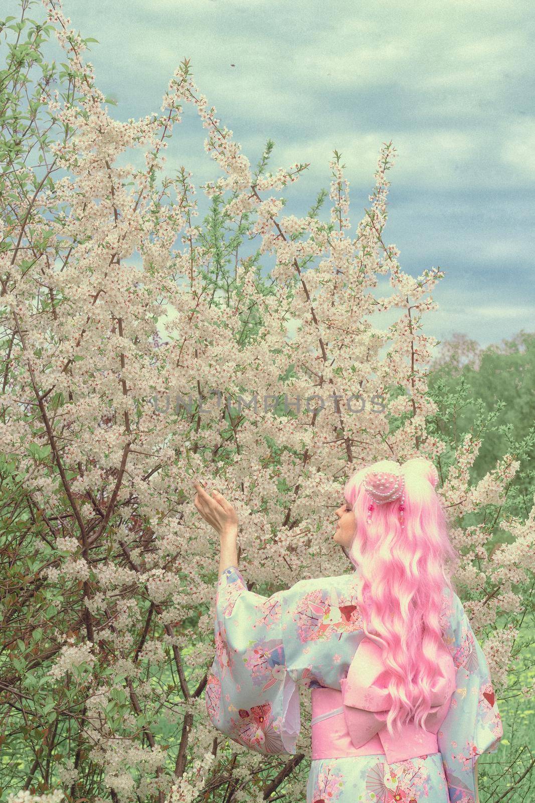 Portrait of young european woman wearing kimono. Asian beauty. Cherry blossoms. Hanami. Sightseeing of Japan concept.