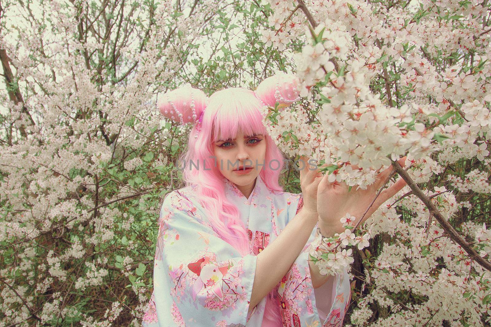 Portrait of young european woman wearing kimono. Asian beauty. Cherry blossoms. Hanami. Sightseeing of Japan concept.