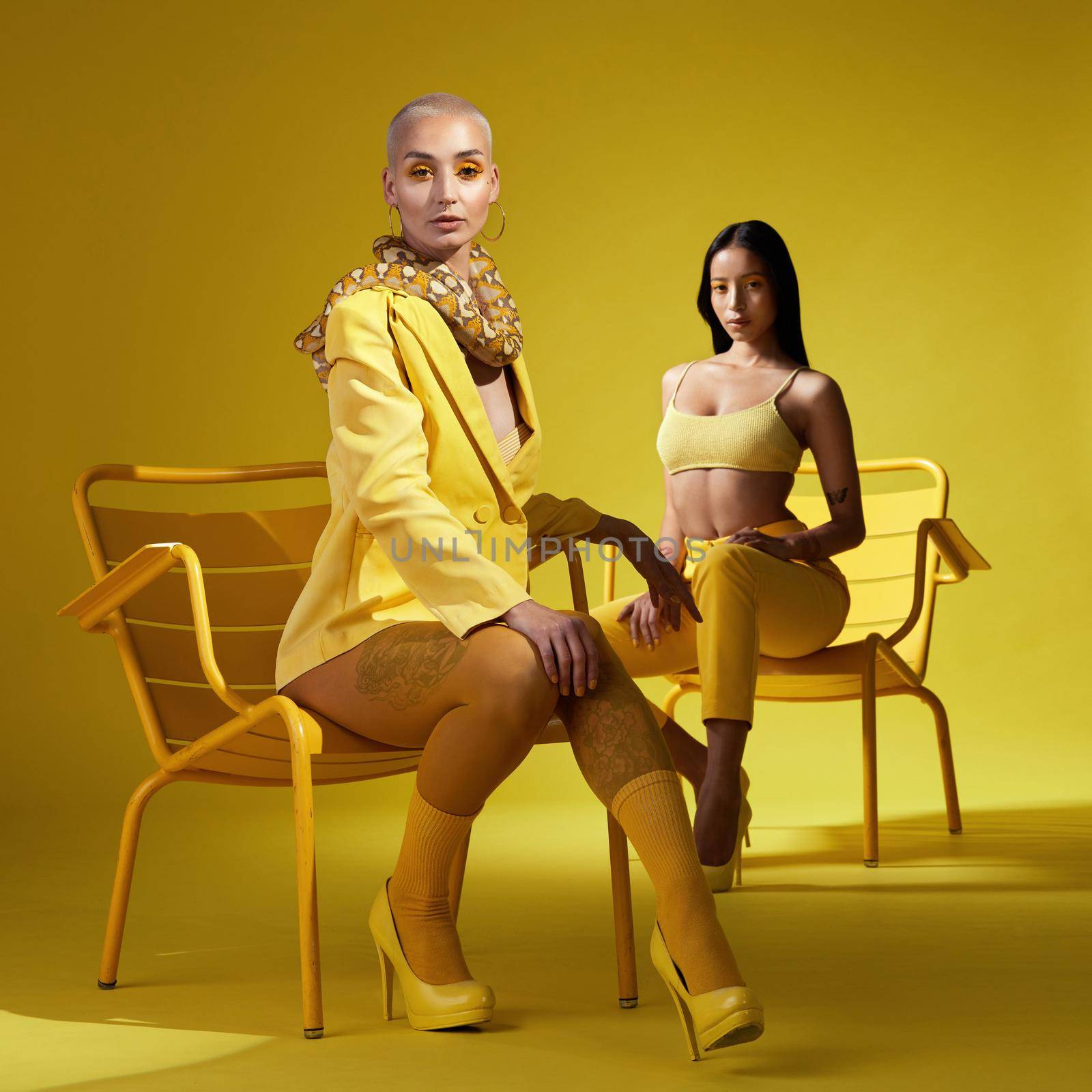 Shot of two women dressed in stylish yellow clothes against a yellow background.