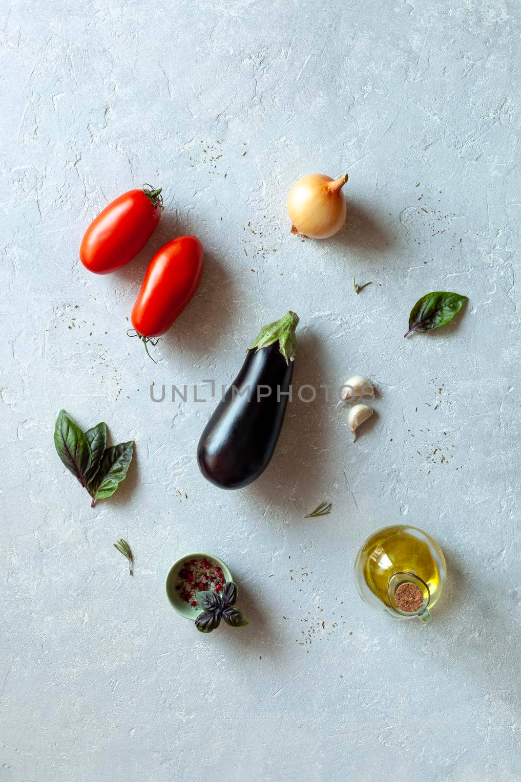 vegetables often used in Mediterranean cuisine, top view, grey background