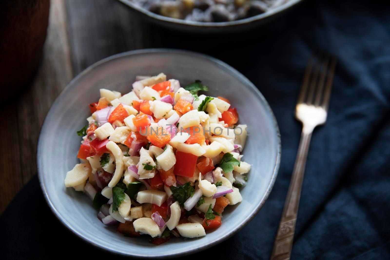 Vegan salad with hearts of palm, red onion, pepper, cilantro and lime dressing.