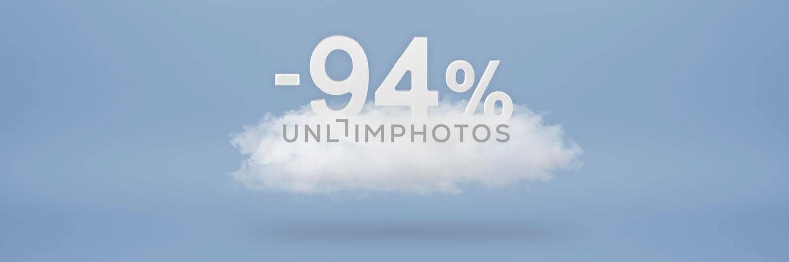 Discount 94 percent. Big discounts, sale up to ninety four percent. 3D numbers float on a cloud on a blue background. Copy space. Advertising banner and poster to be inserted into the project by SERSOL