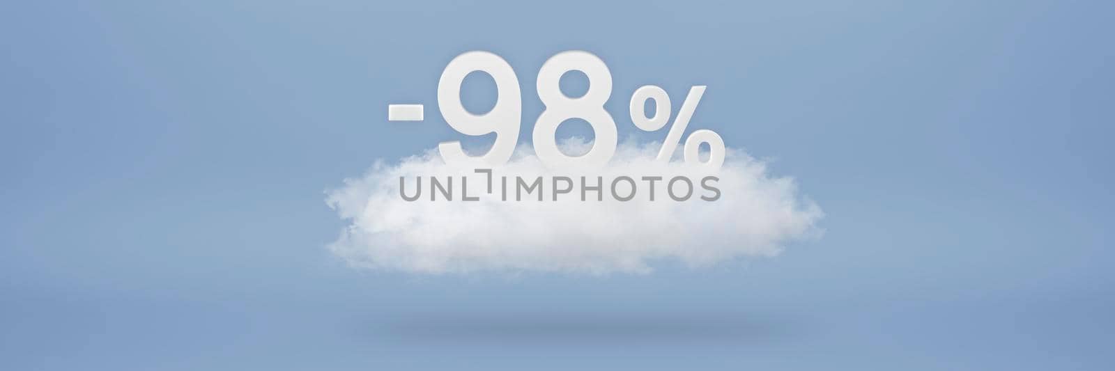 Discount 98 percent. Big discounts, sale up to ninety eight percent. 3D numbers float on a cloud on a blue background. Copy space. Advertising banner and poster to be inserted into the project by SERSOL