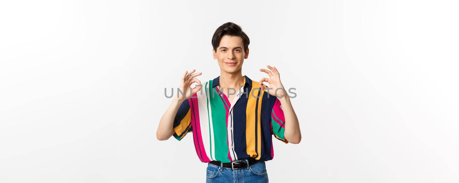 Satisfied young queer man showing okay signs and smiling in approval, agree and like something, praise excellent choice, standing over white background.