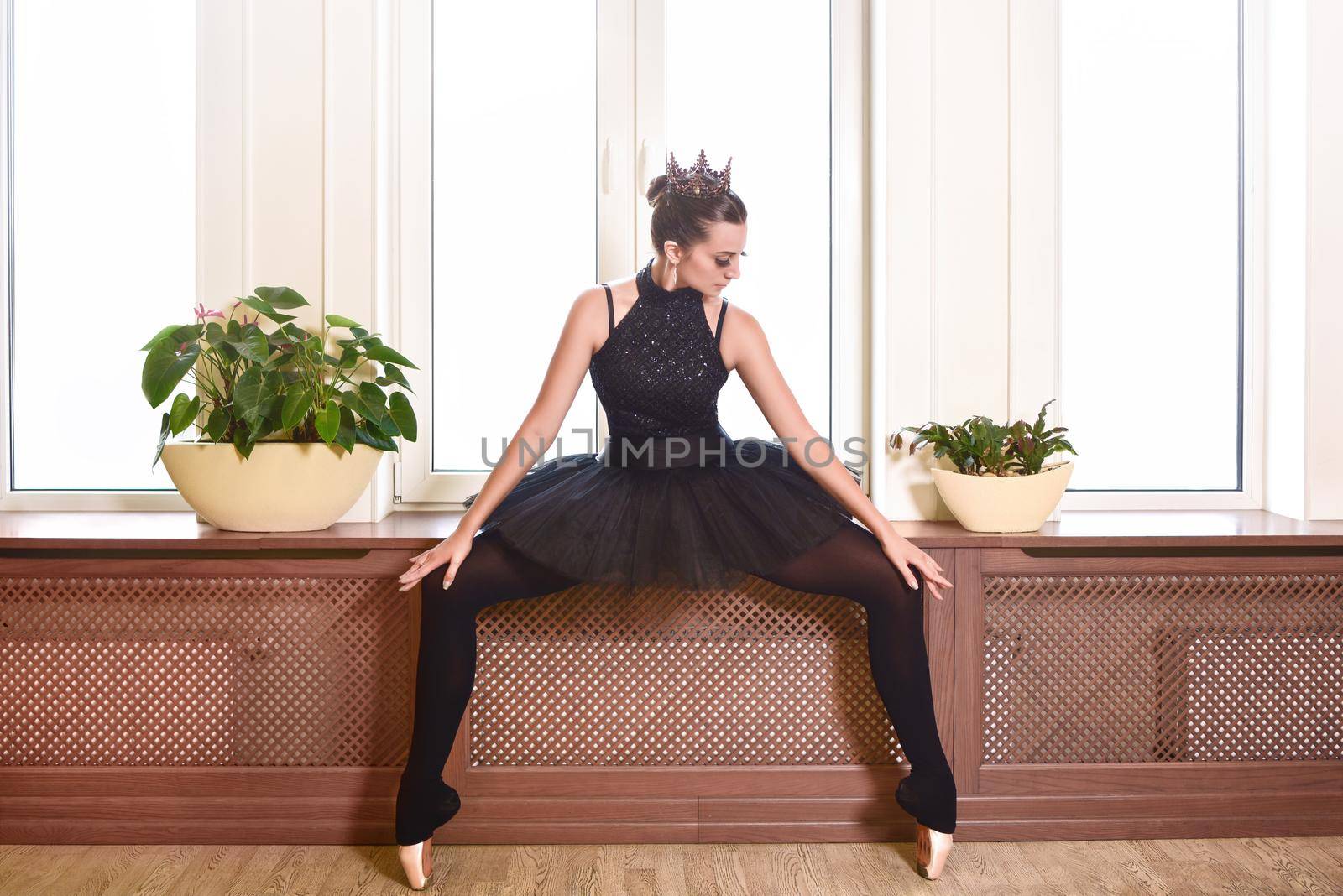 graceful ballerina in black swan dress against wgite background. Young ballet dancer practicing before performance in black tutu, classical dance studio, copy space by Nickstock
