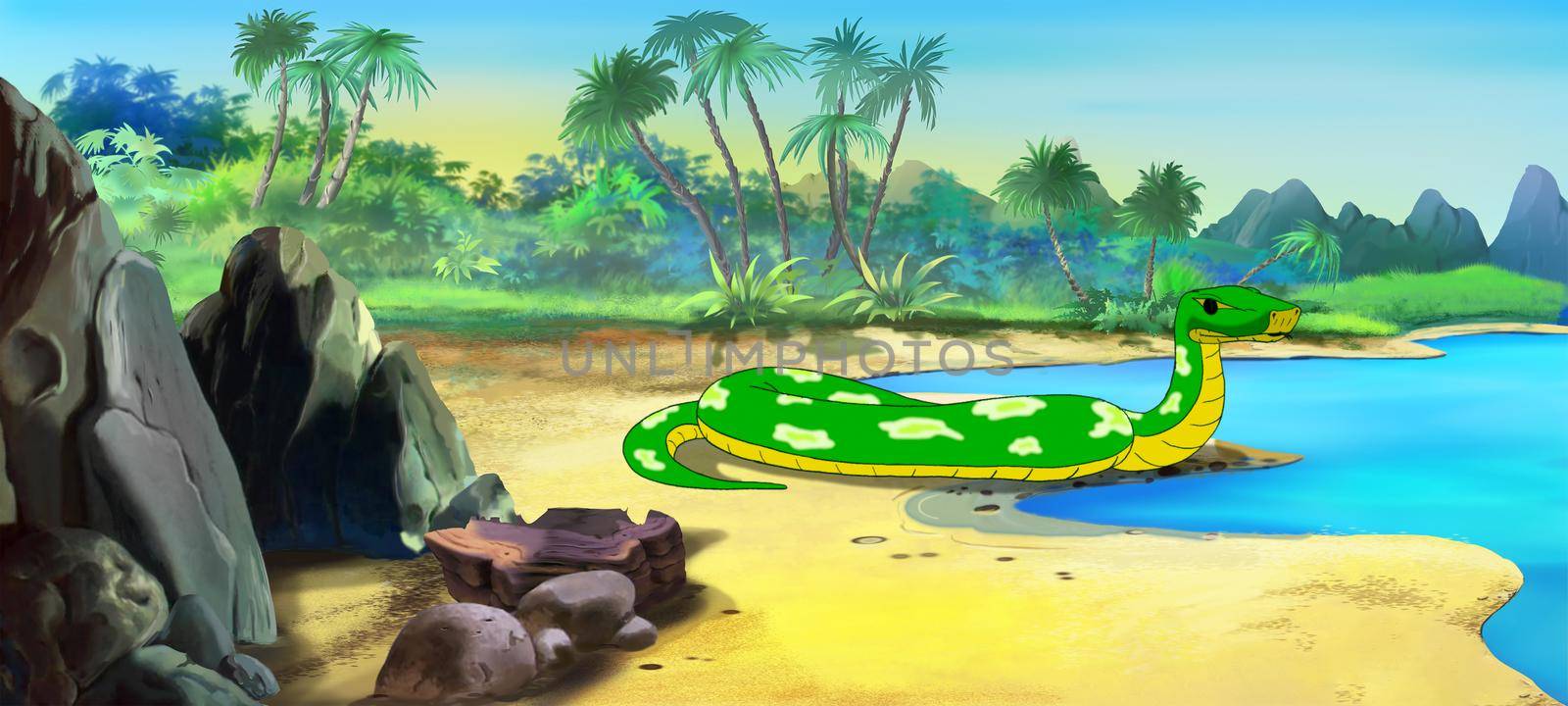 Big snake near a river on a sunny summer day. Digital Painting Background, Illustration.
