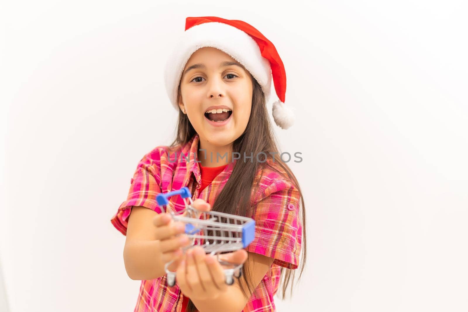 cute caucasian girl holding little shopping cart on a hand.