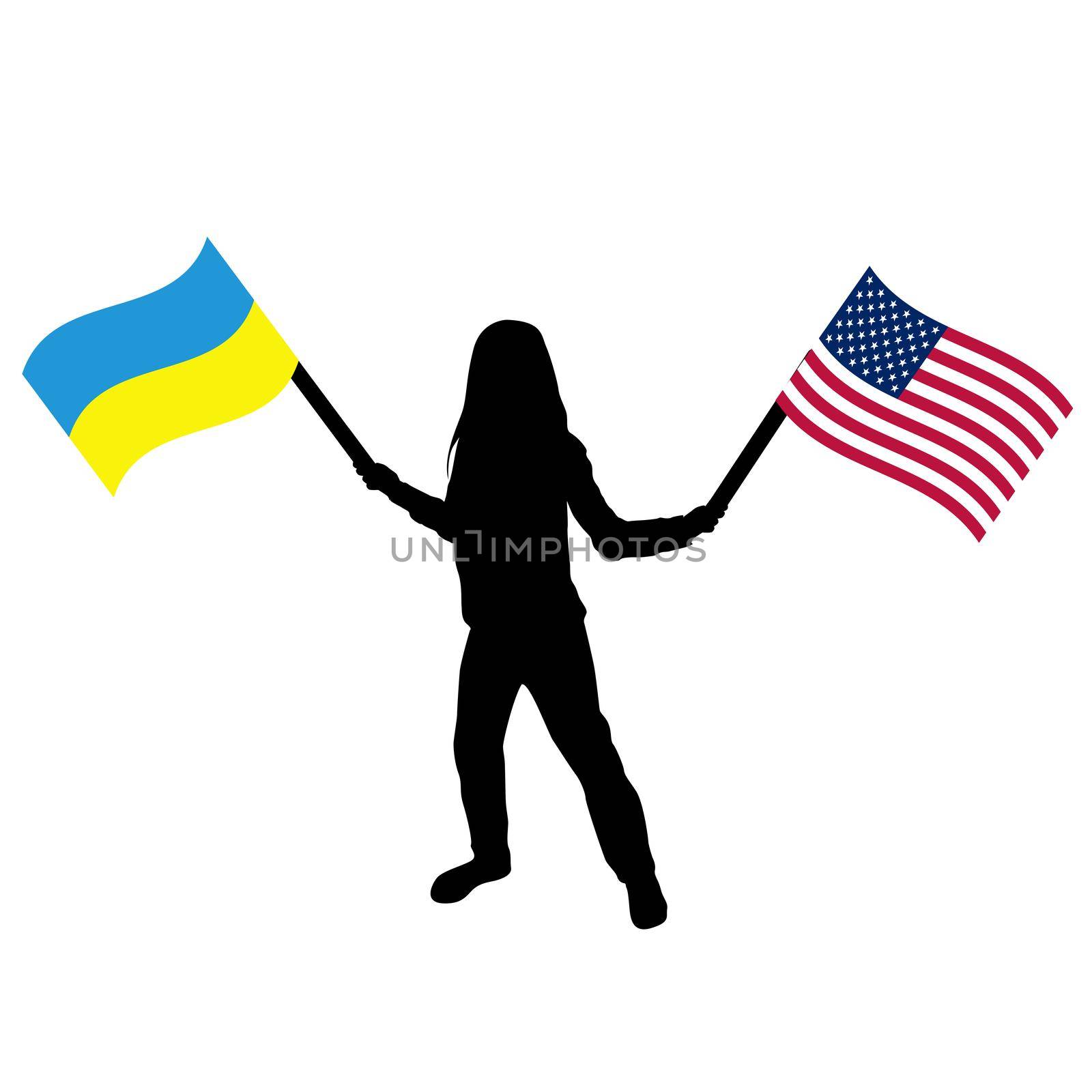 Ukraine and USA concept with girl holding the Ukraine and USA flags
