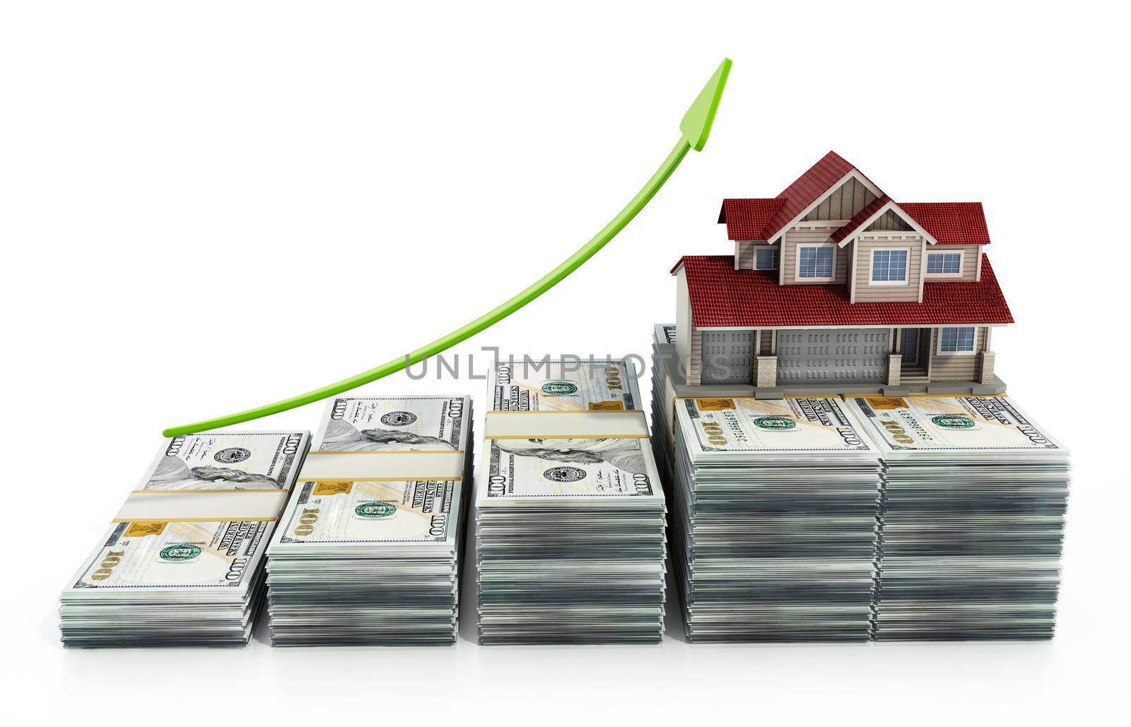 Luxury house standing on top of dollar bills. Rising house prices concept. 3D illustration by Simsek