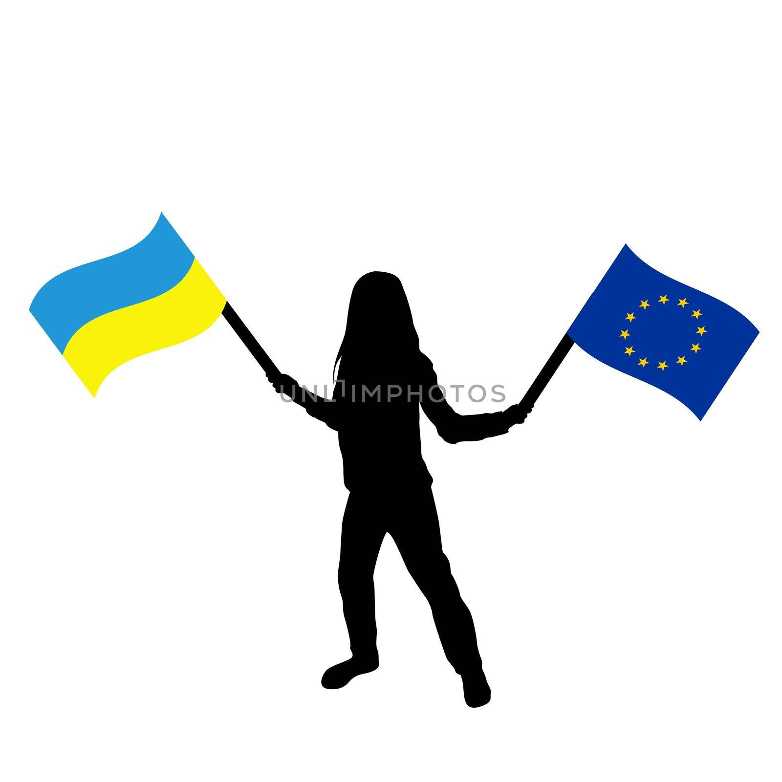 Ukraine and European Union concept with girl holding the Ukraine and European Union flags by hibrida13
