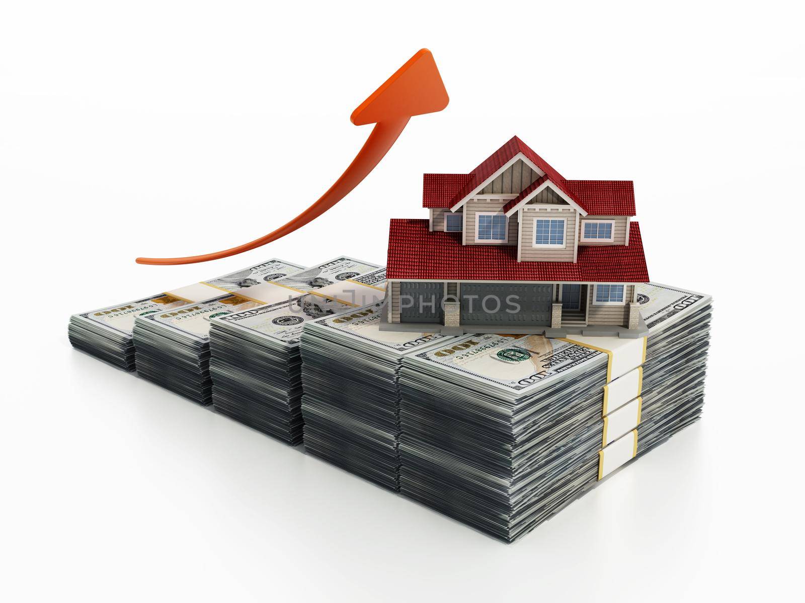 Luxury house standing on top of dollar bills. Rising house prices concept. 3D illustration by Simsek