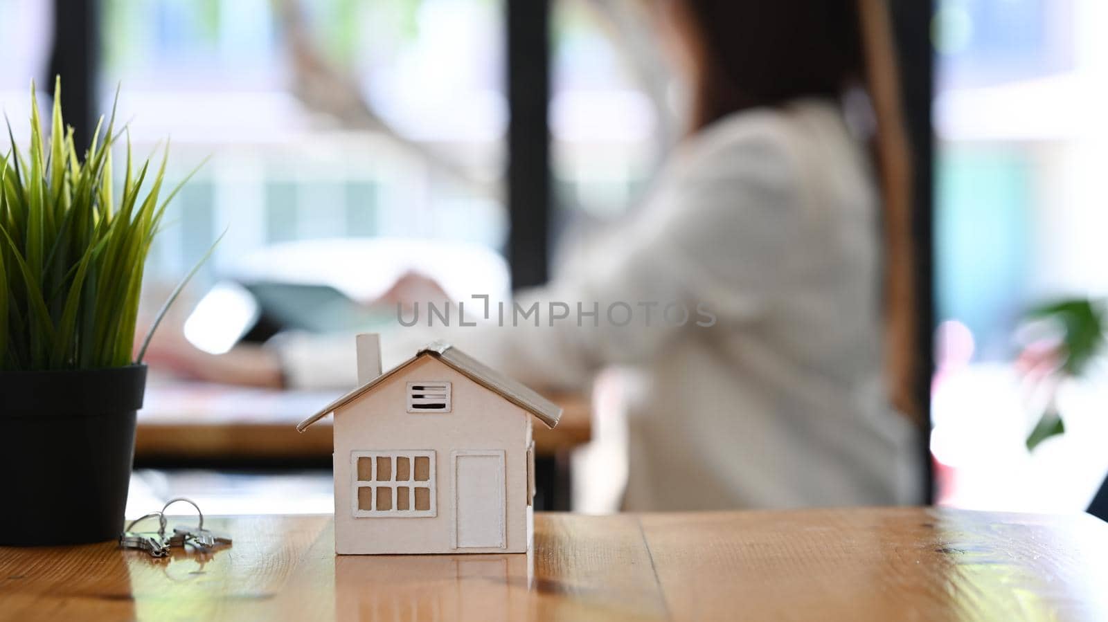 Small house model, keys and houseplant on wooden table. Real estate investment concept. by prathanchorruangsak