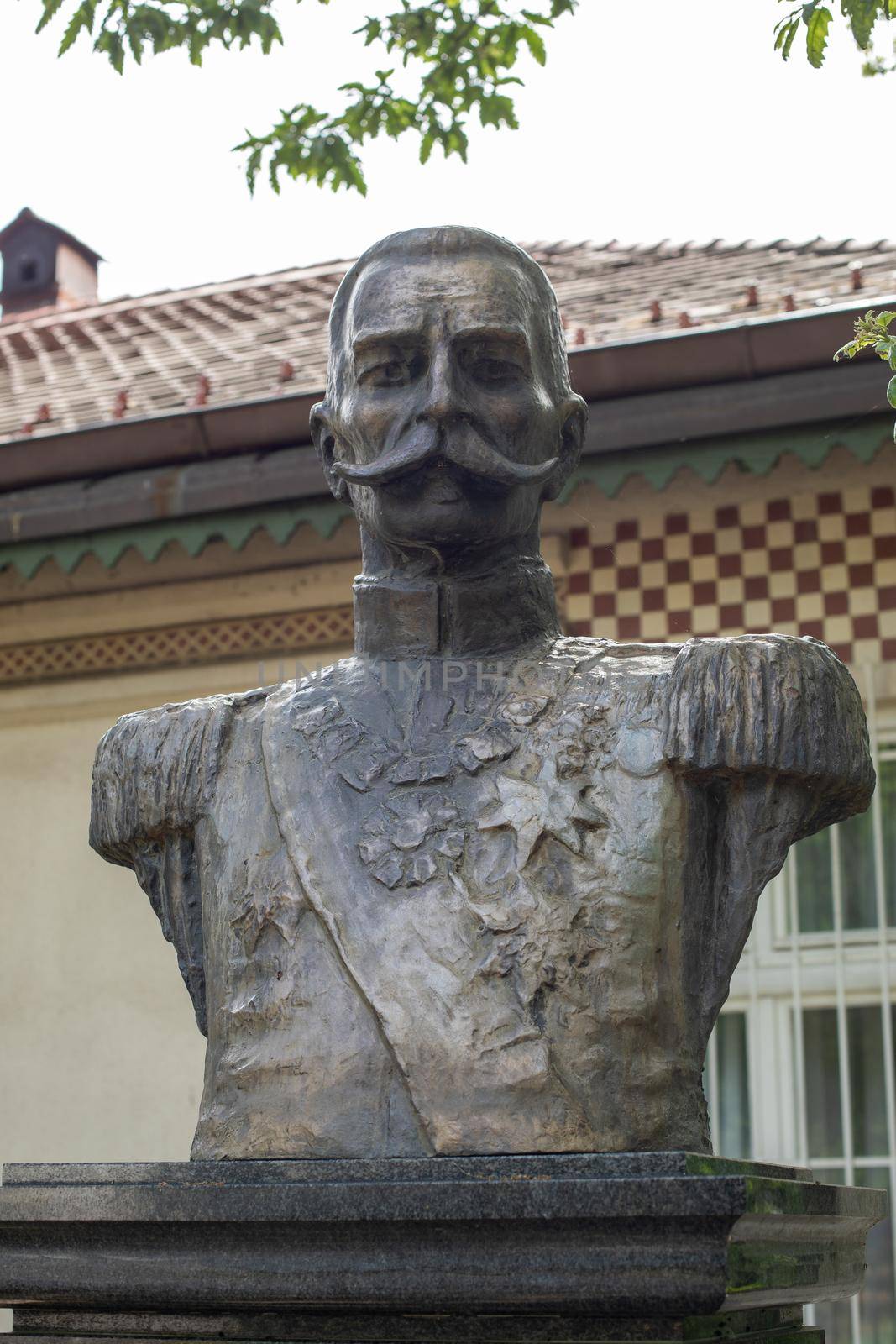 Bust sculpture of Peter I of Serbia, King Peter I Karadjordjevic, first king of the Serbs, Croats and Slovenes, first Yugoslav king Oplenac, Serbia stock photo