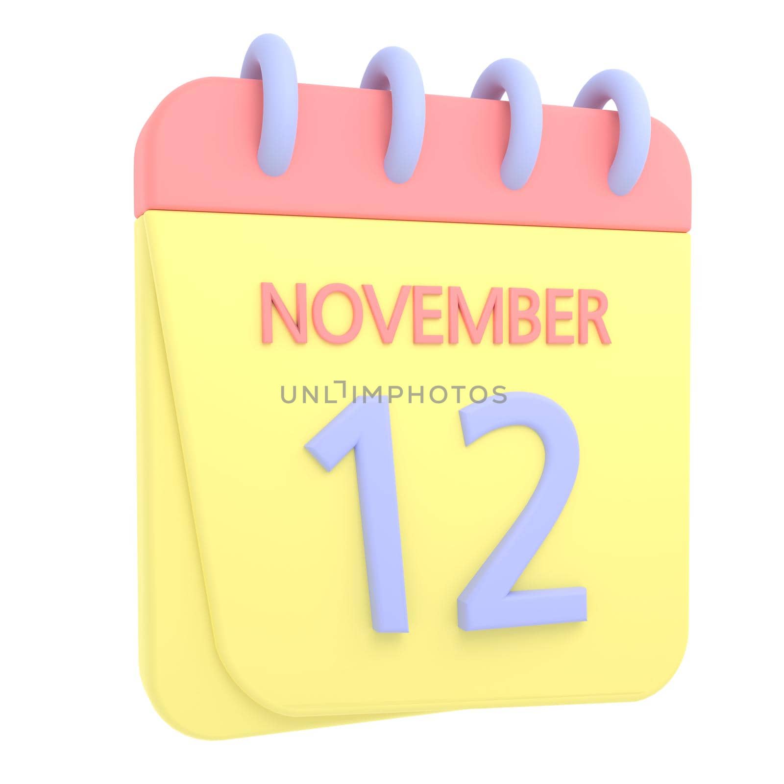12th November 3D calendar icon. Web style. High resolution image. White background