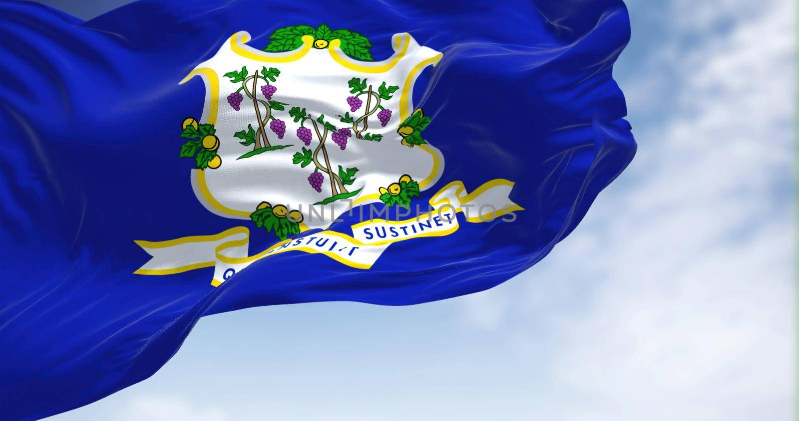 The state flag of Connecticut waving in the wind. Connecticut is the southernmost state in the New England region of the United States. Democracy and independence. US state. by rarrarorro