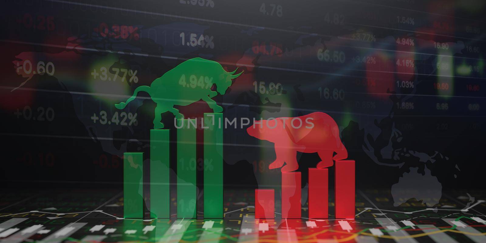 Bullish and Bearish stock market 3D render by Myimagine