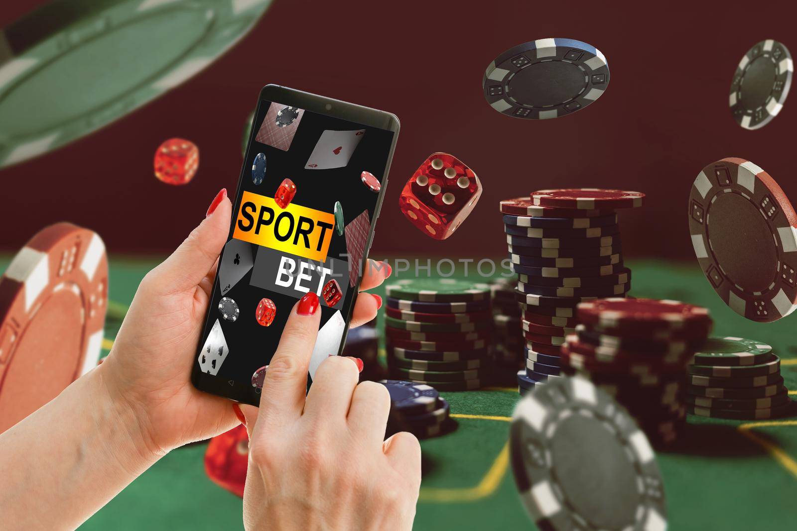 inscription your bet wins on a smartphone on the poker table. Bets, sports betting, bookmaker. Mixed media. by Andelov13