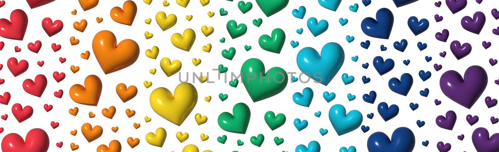 A lot of rainbow-colored hearts on a light background