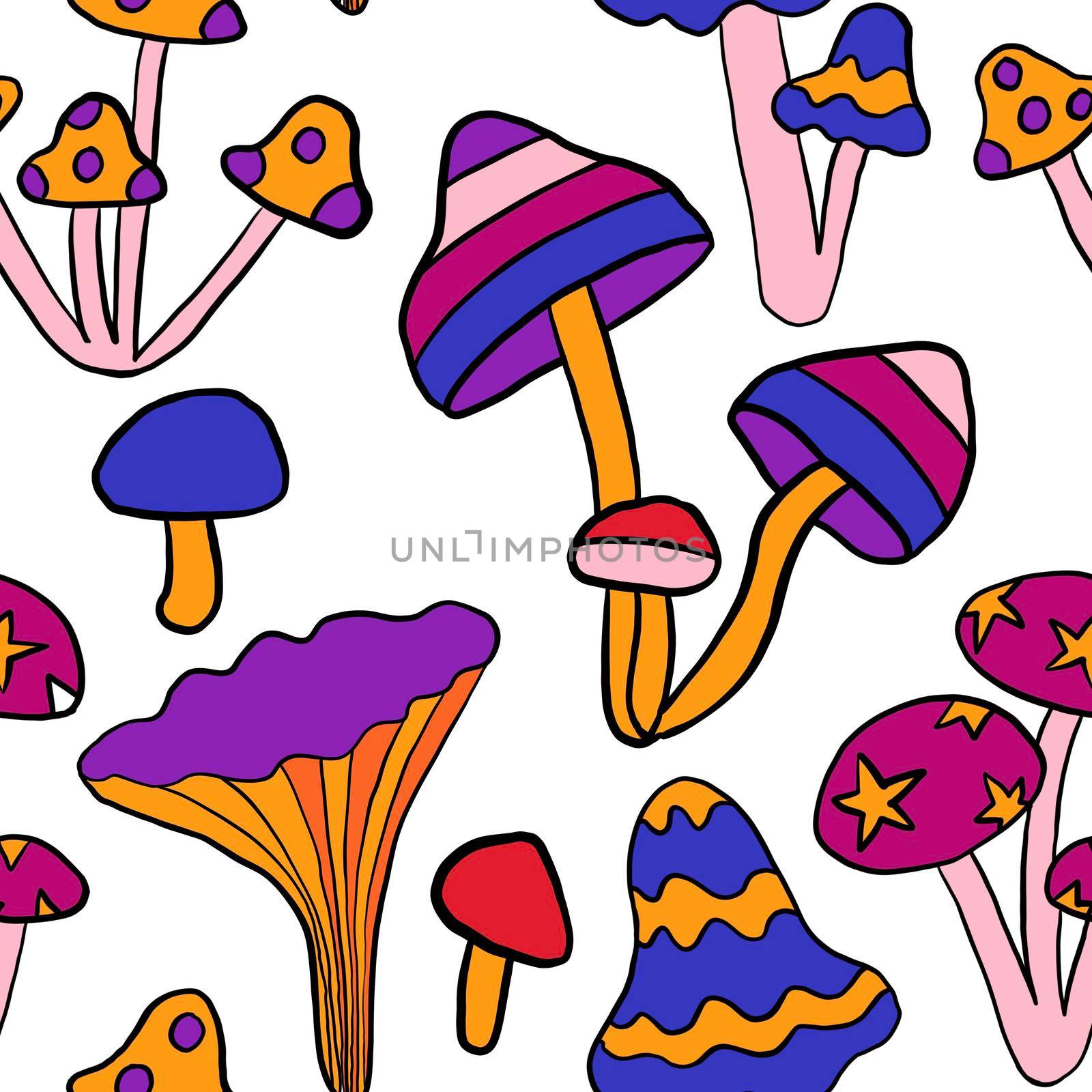 Seamless hand drawn pattern with hippie groovy mushrooms in orange purple blue red colors. Retro vintage 1960s 1970s style, trippy wild bright background with hallucination hypnotic elements