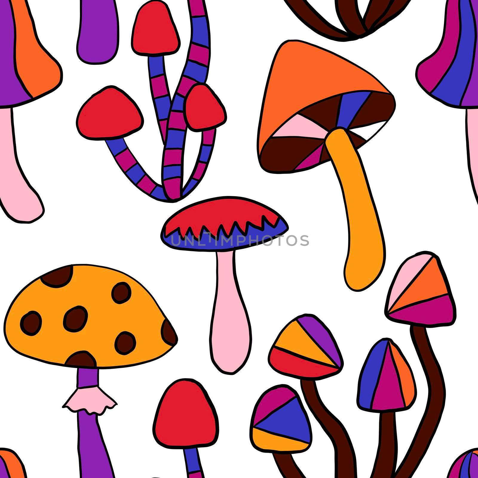 Seamless hand drawn pattern with hippie groovy mushrooms in orange purple blue red colors. Retro vintage 1960s 1970s style, trippy wild bright background with hallucination hypnotic elements