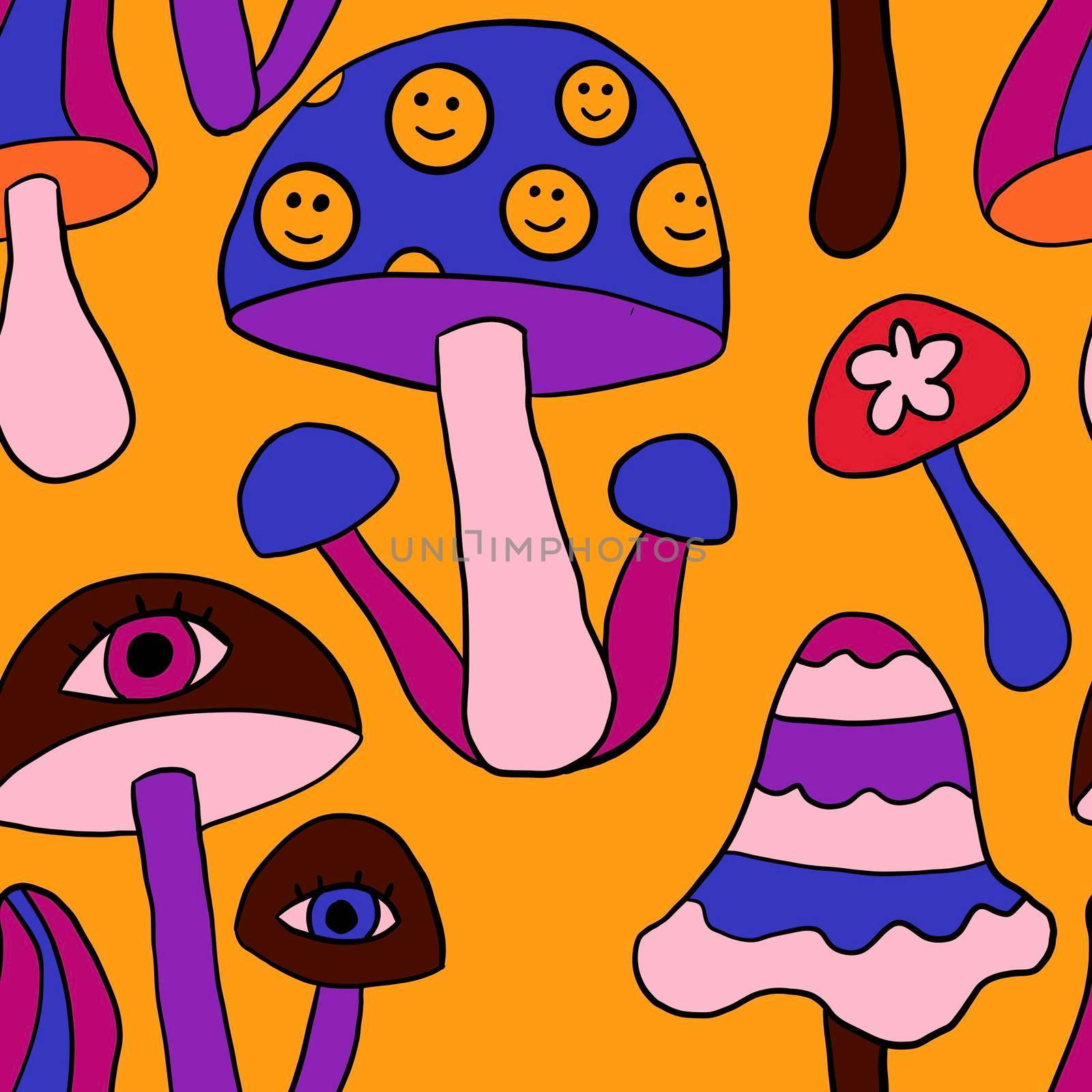 Seamless hand drawn pattern with hippie groovy mushrooms in orange purple blue red colors. Retro vintage 1960s 1970s style, trippy wild bright background with hallucination hypnotic elements