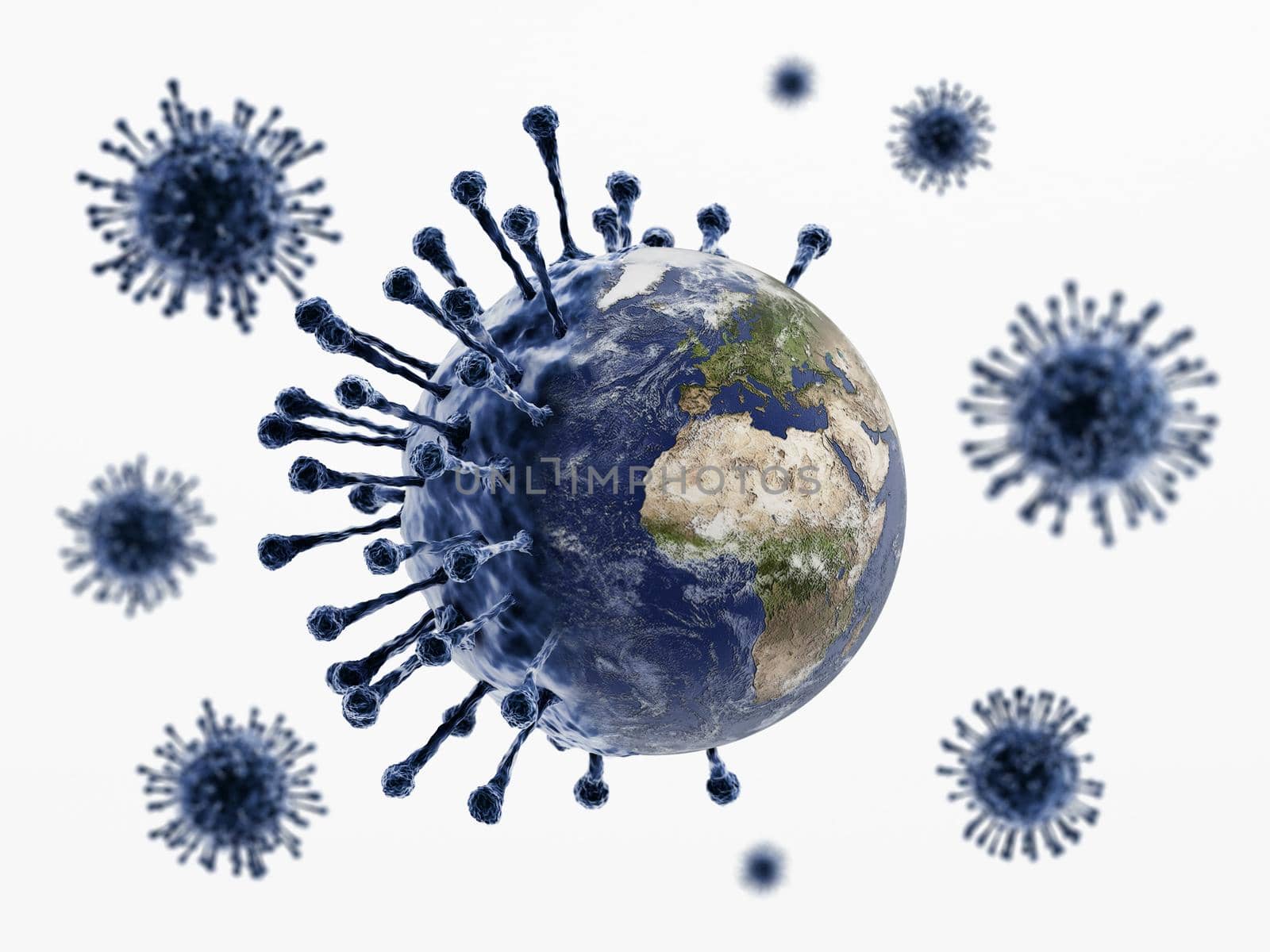 Virus with globe in one half. Global pandemic concept. 3D illustration by Simsek