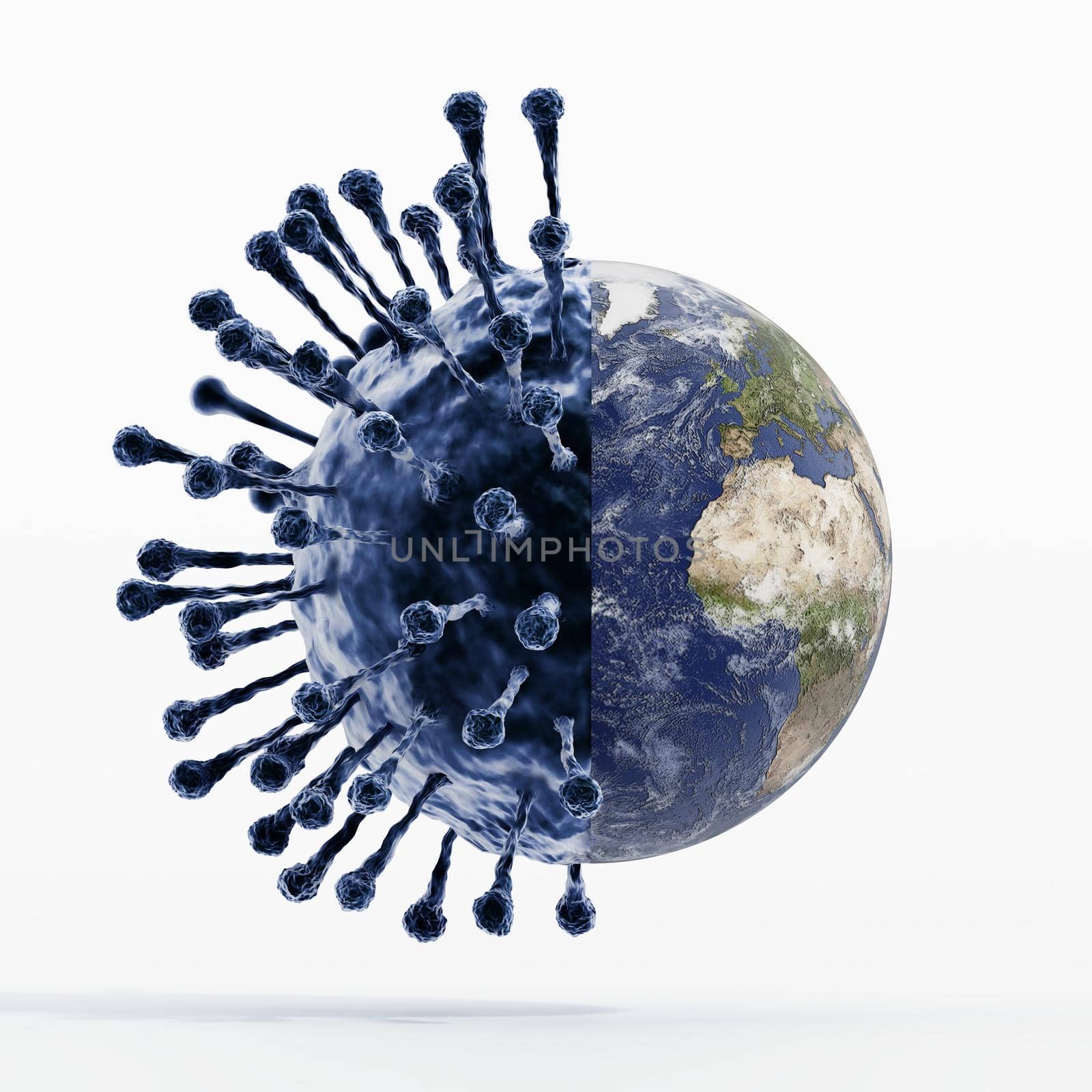 Virus with globe in one half. Global pandemic concept. 3D illustration by Simsek