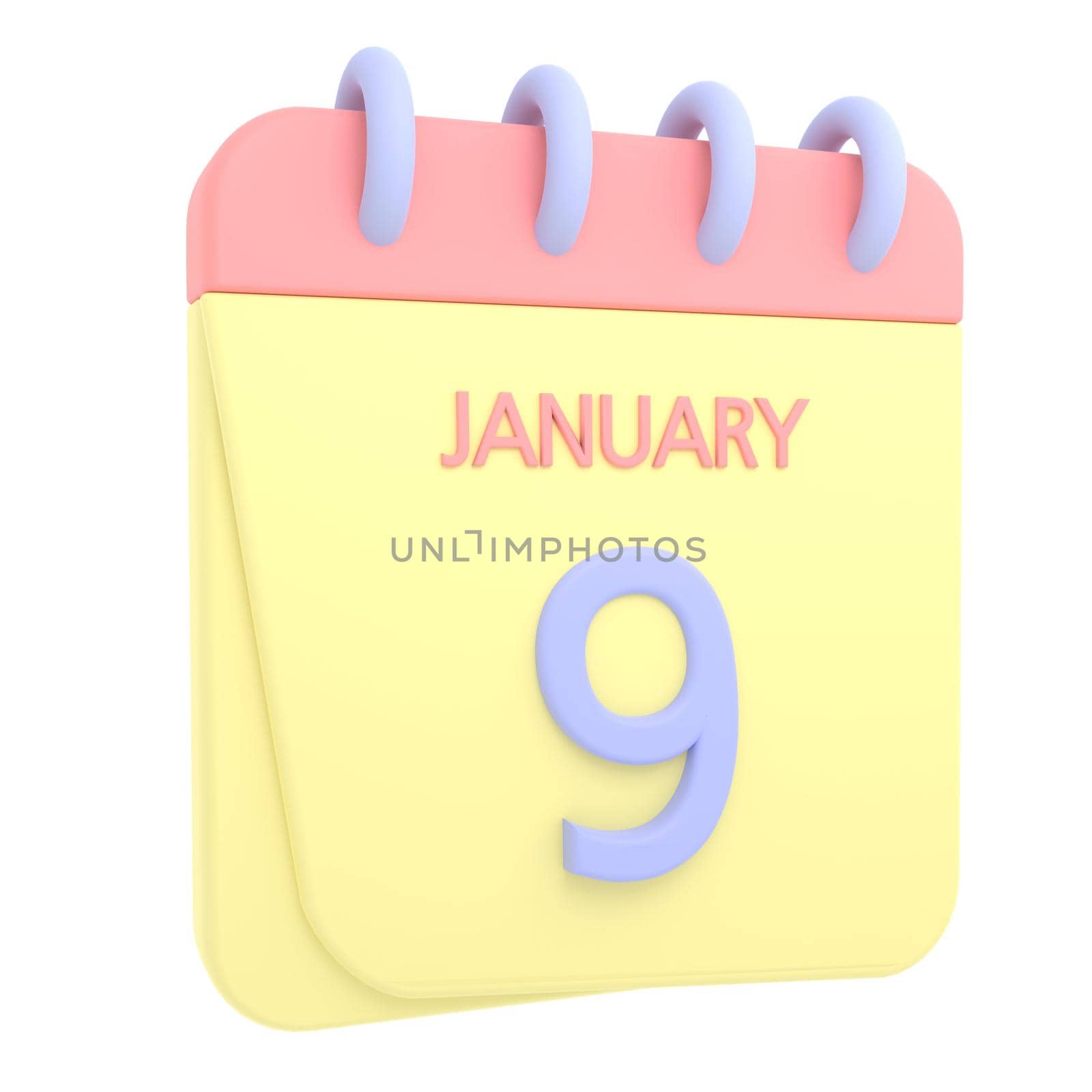 9th January 3D calendar icon. Web style. High resolution image. White background
