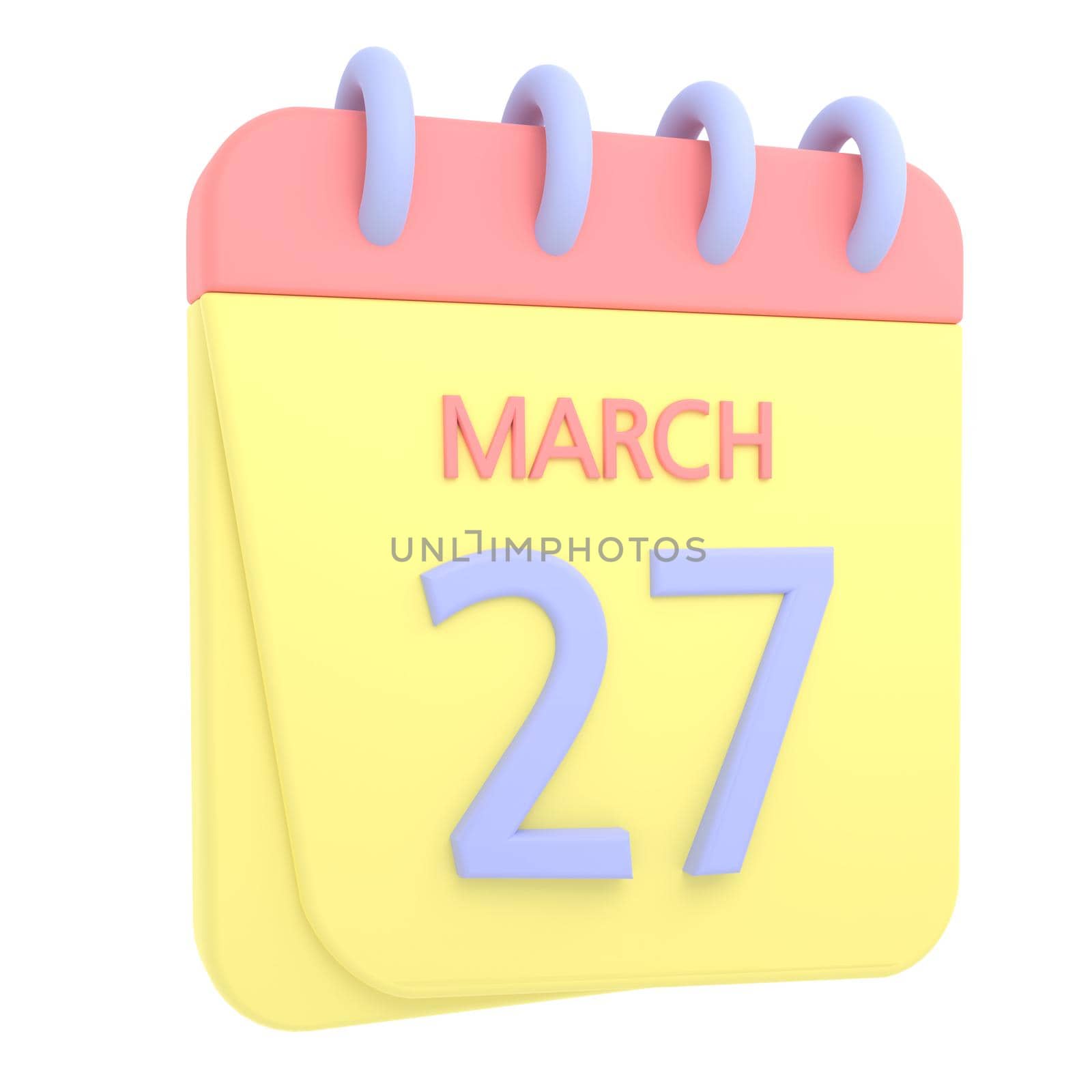 27th March 3D calendar icon. Web style. High resolution image. White background