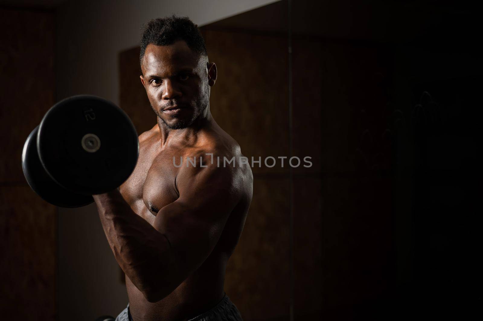 Attractive african american man doing biceps exercise with dumbbells. by mrwed54