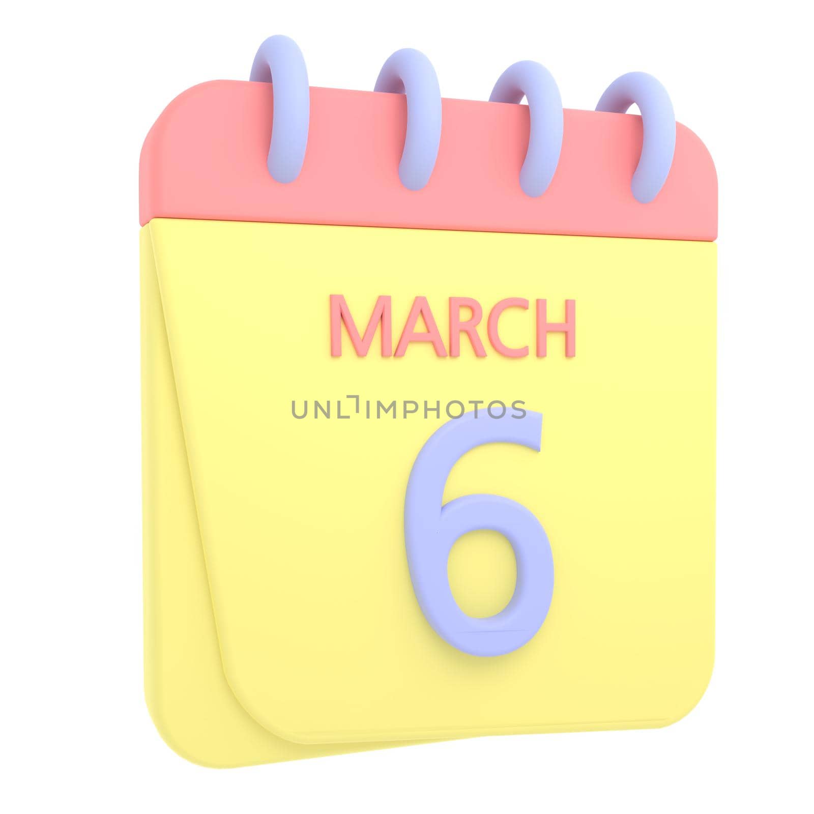 6th March 3D calendar icon. Web style. High resolution image. White background