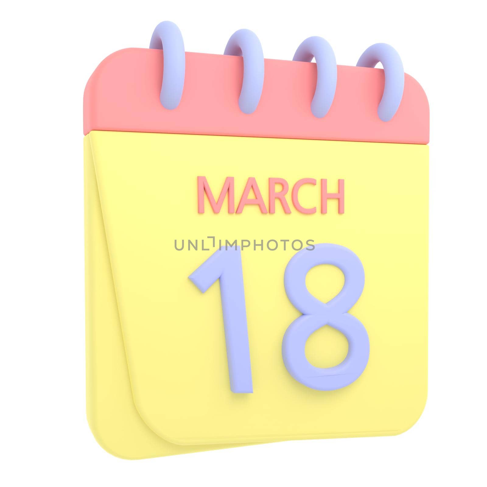 18th March 3D calendar icon. Web style. High resolution image. White background