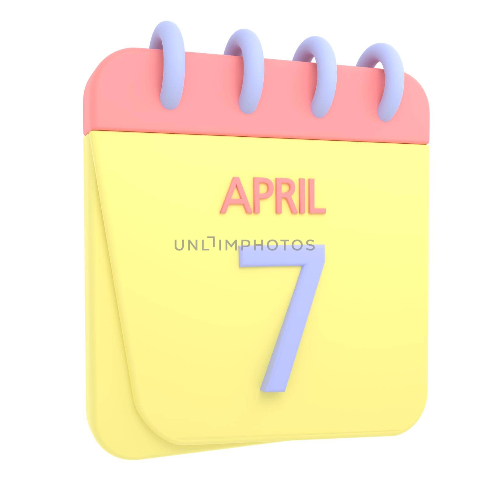 7th April 3D calendar icon. Web style. High resolution image. White background