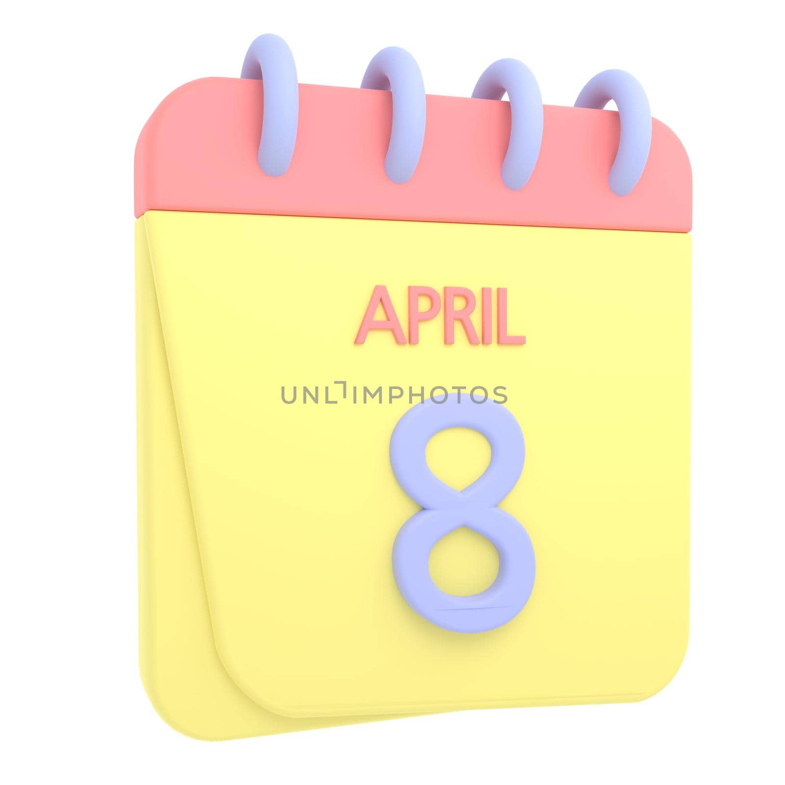 8th April 3D calendar icon. Web style. High resolution image. White background