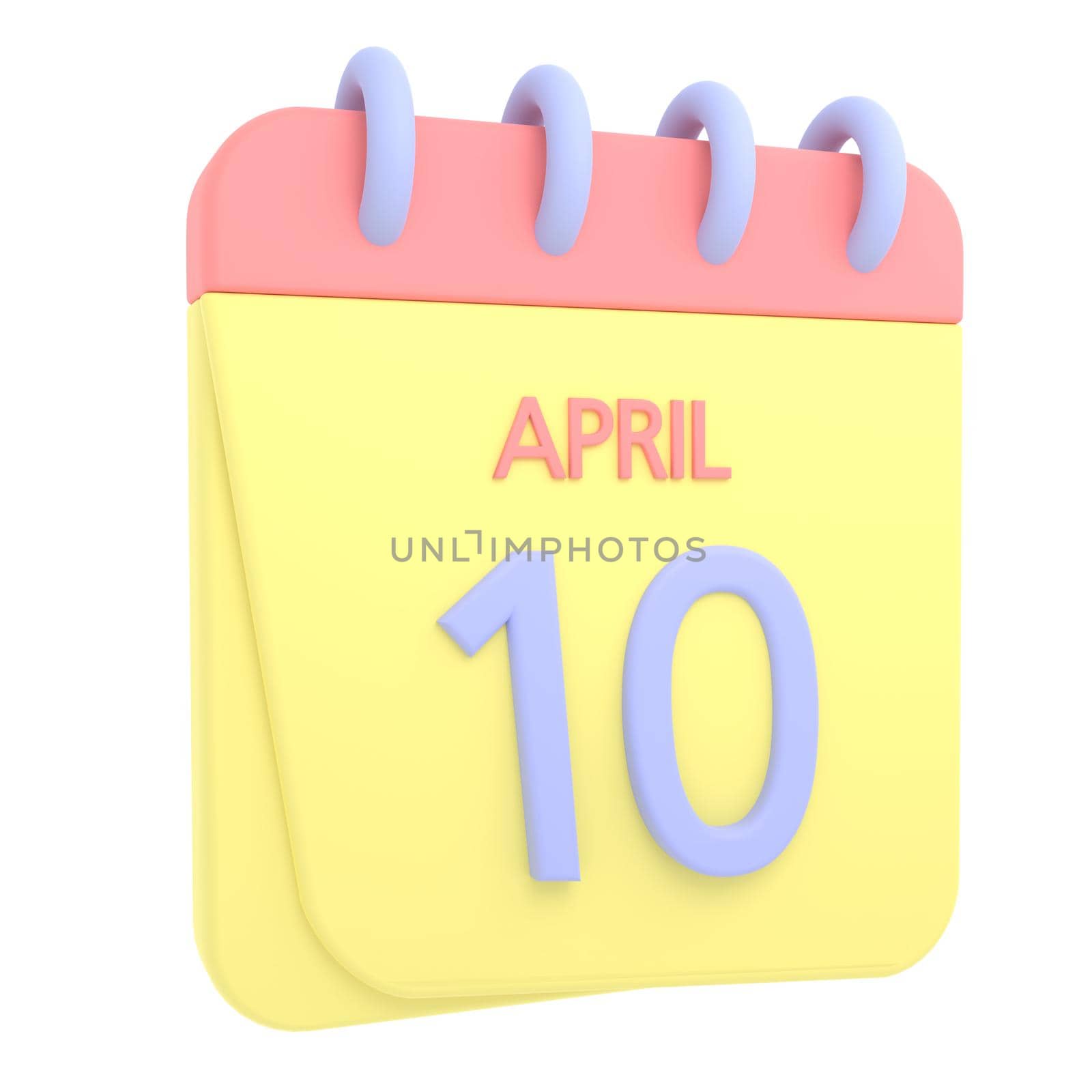 10th April 3D calendar icon. Web style. High resolution image. White background