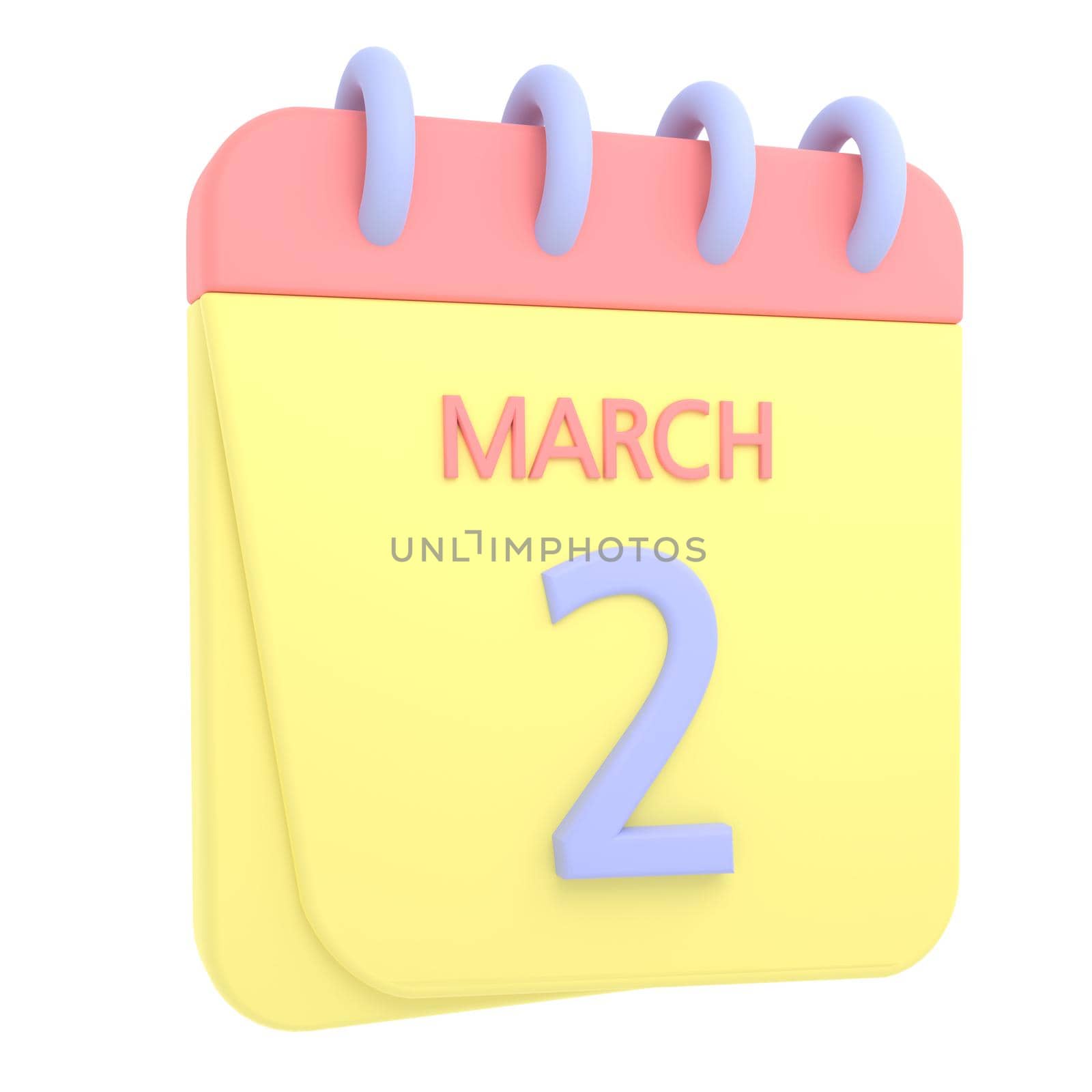 2nd March 3D calendar icon. Web style. High resolution image. White background