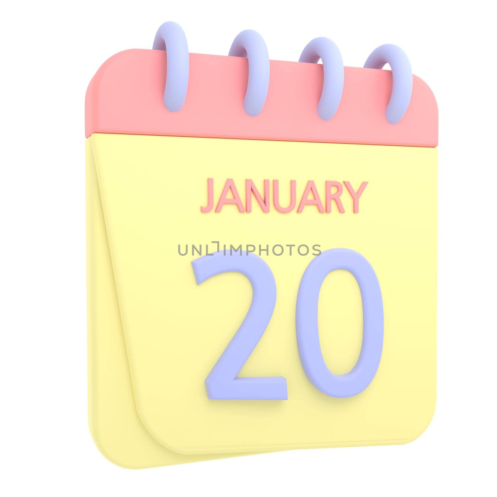 20th January 3D calendar icon. Web style. High resolution image. White background
