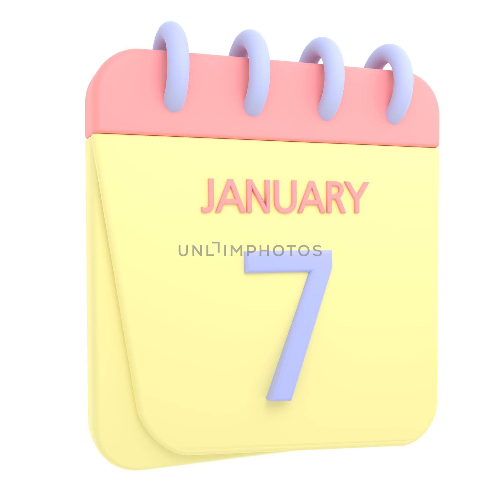 7th January 3D calendar icon. Web style. High resolution image. White background