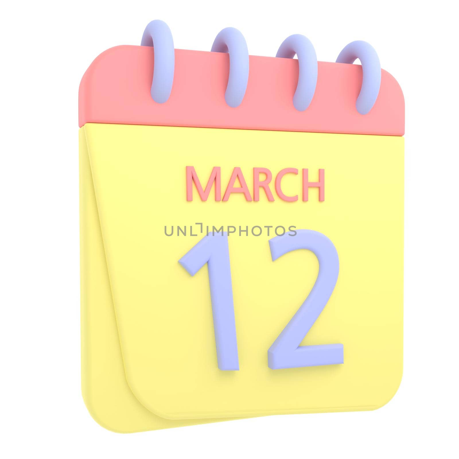 12th March 3D calendar icon. Web style. High resolution image. White background