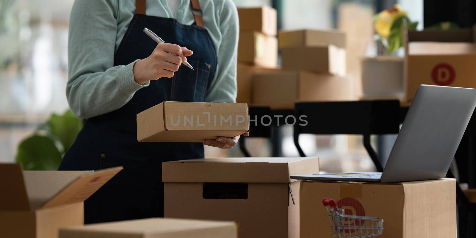 Image of Young asian woman startup freelance with product and showing to customer by computer laptop. Online marketing packing box delivery concept