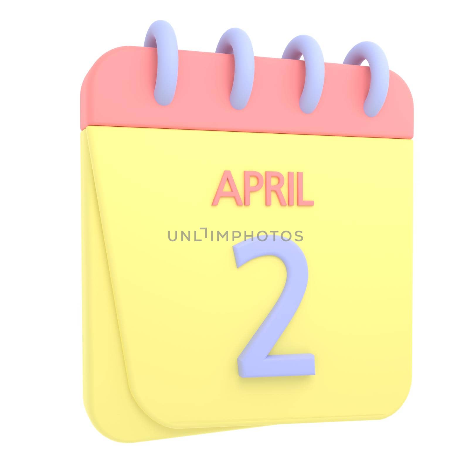 2nd April 3D calendar icon. Web style. High resolution image. White background