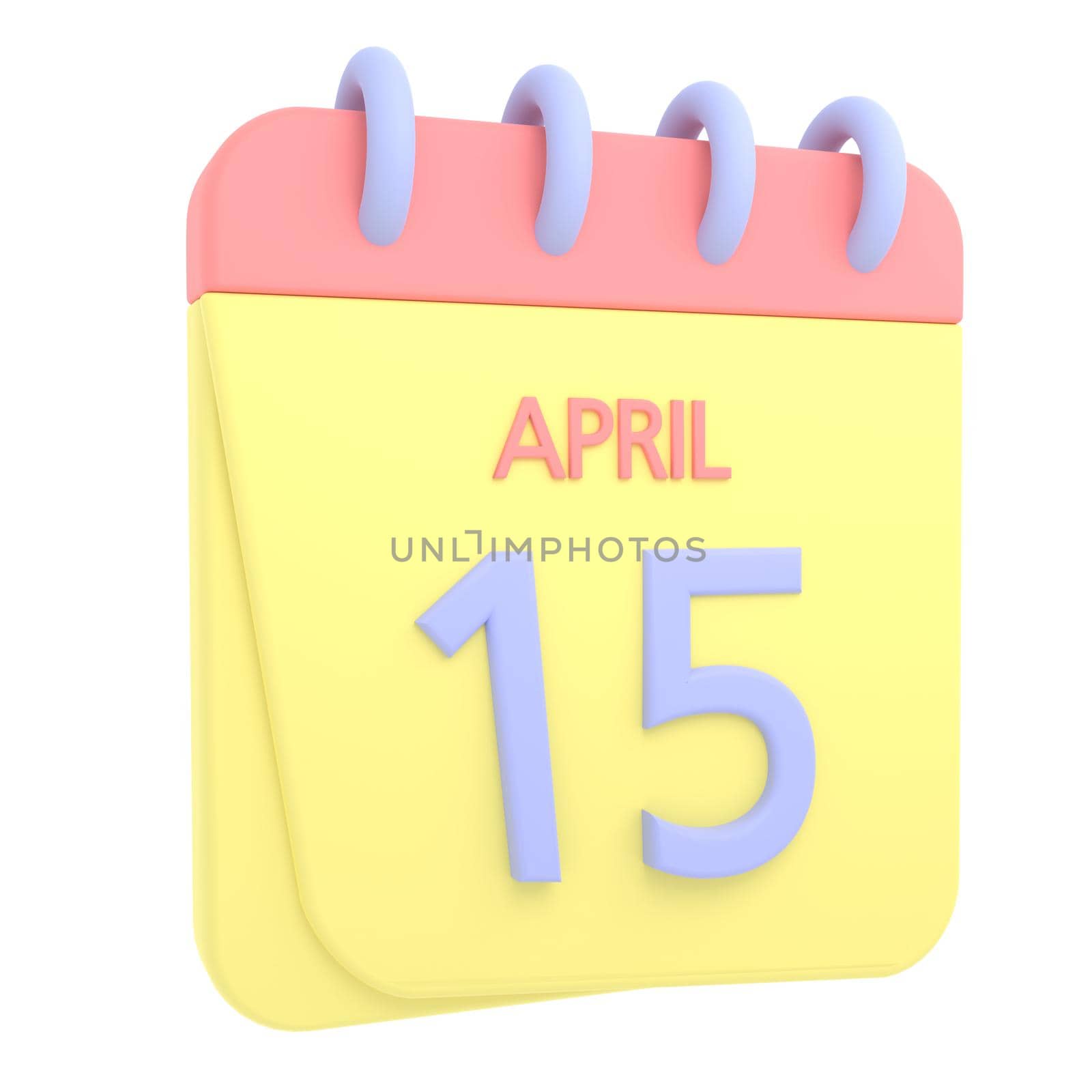15th April 3D calendar icon. Web style. High resolution image. White background