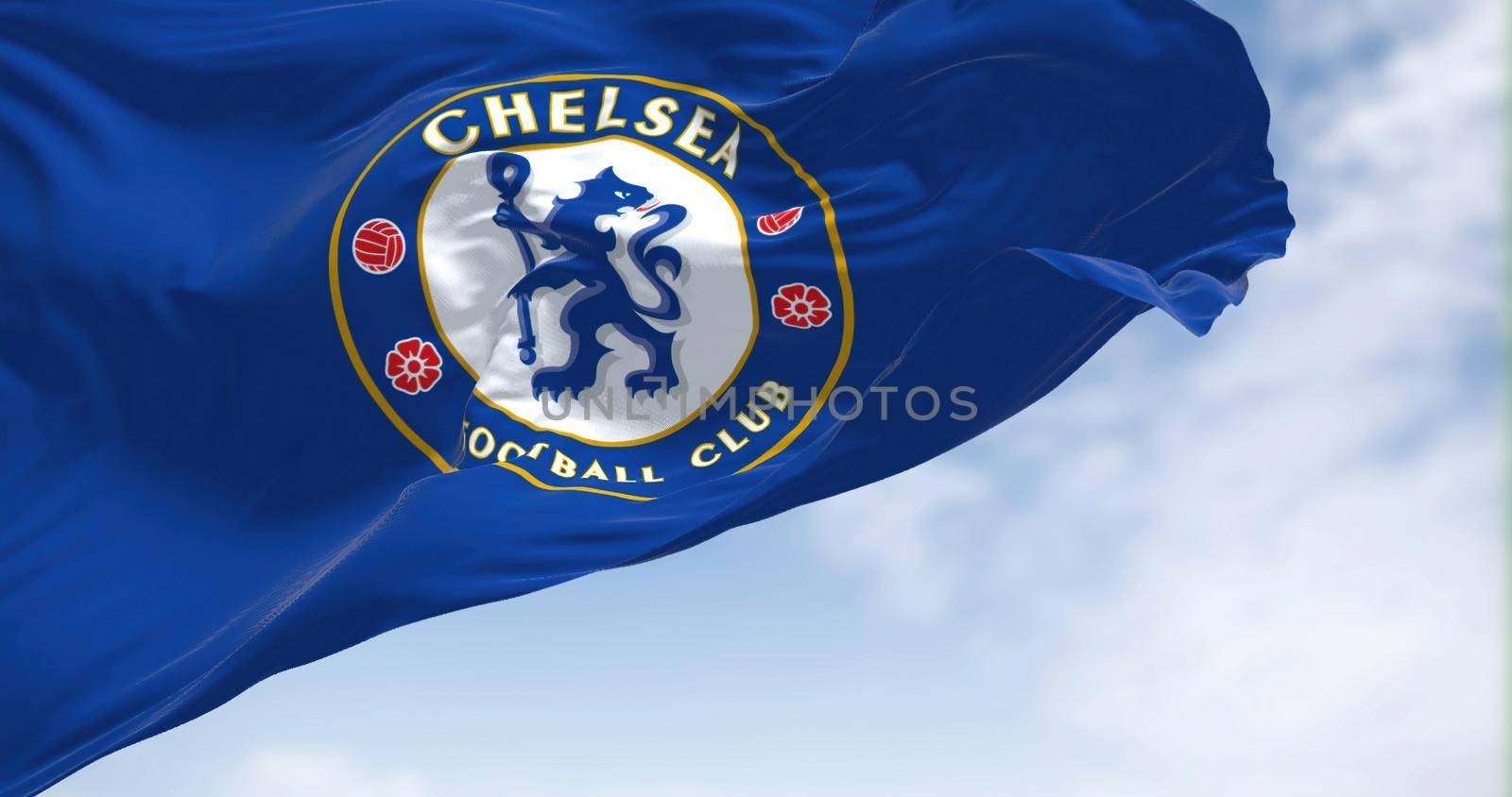 London, UK, May 2022: The flag of Chelsea Football Club waving in the wind on a clear day by rarrarorro