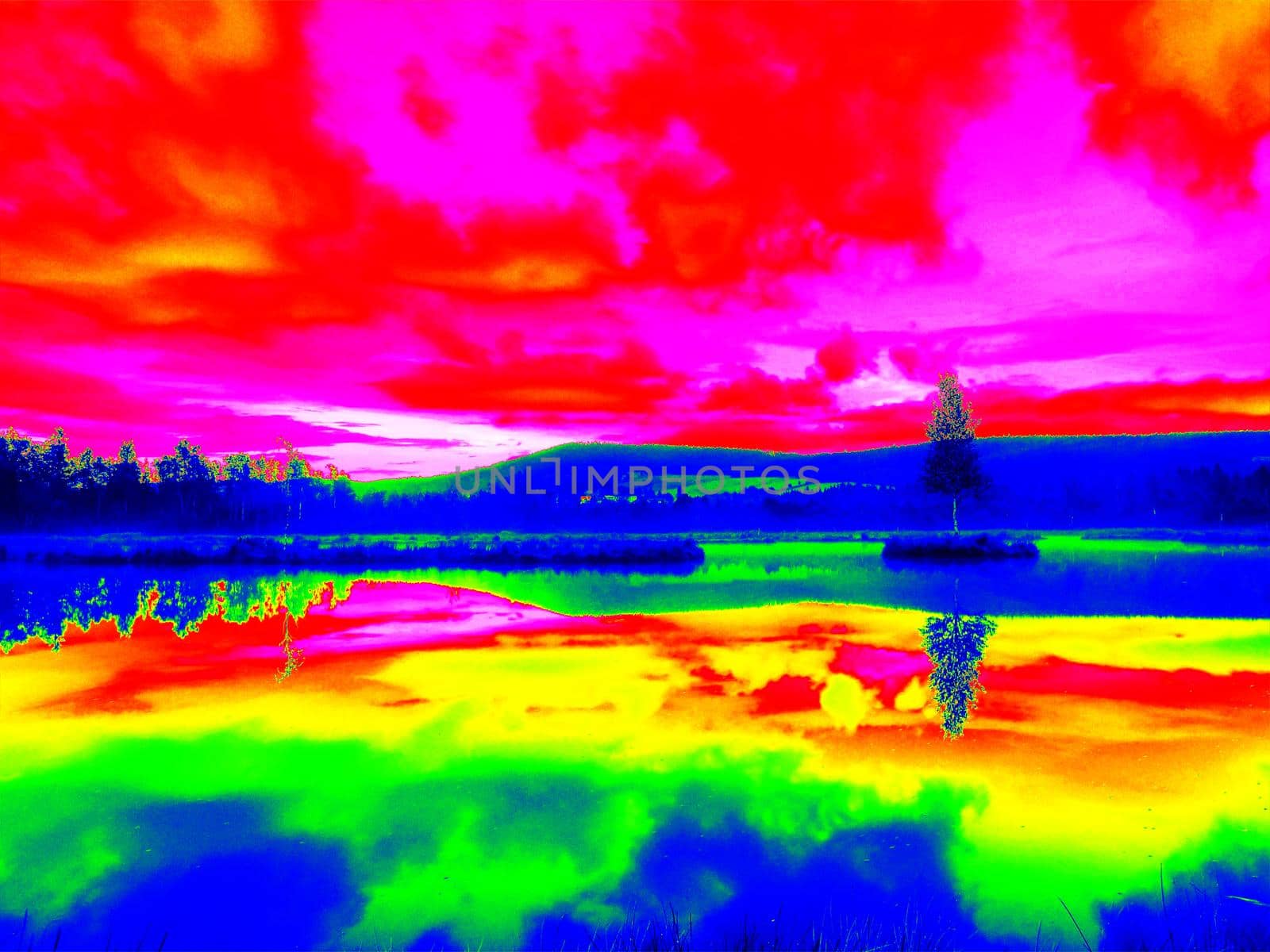 Mountain lake with island and young birch tree in infrared photo. Amazing thermography.