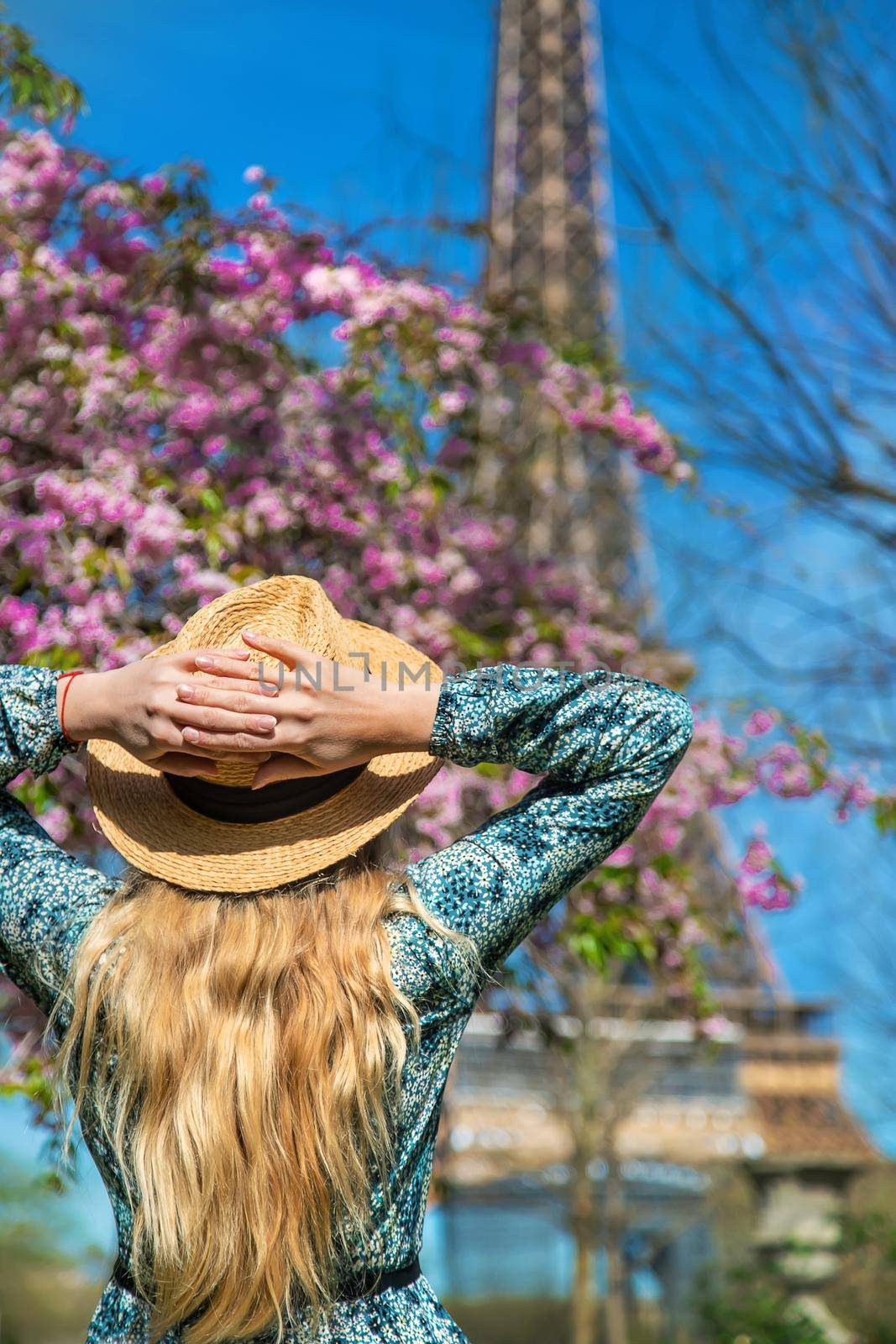 A woman in a hat looks at the Eiffel Tower. Selective focus. by yanadjana