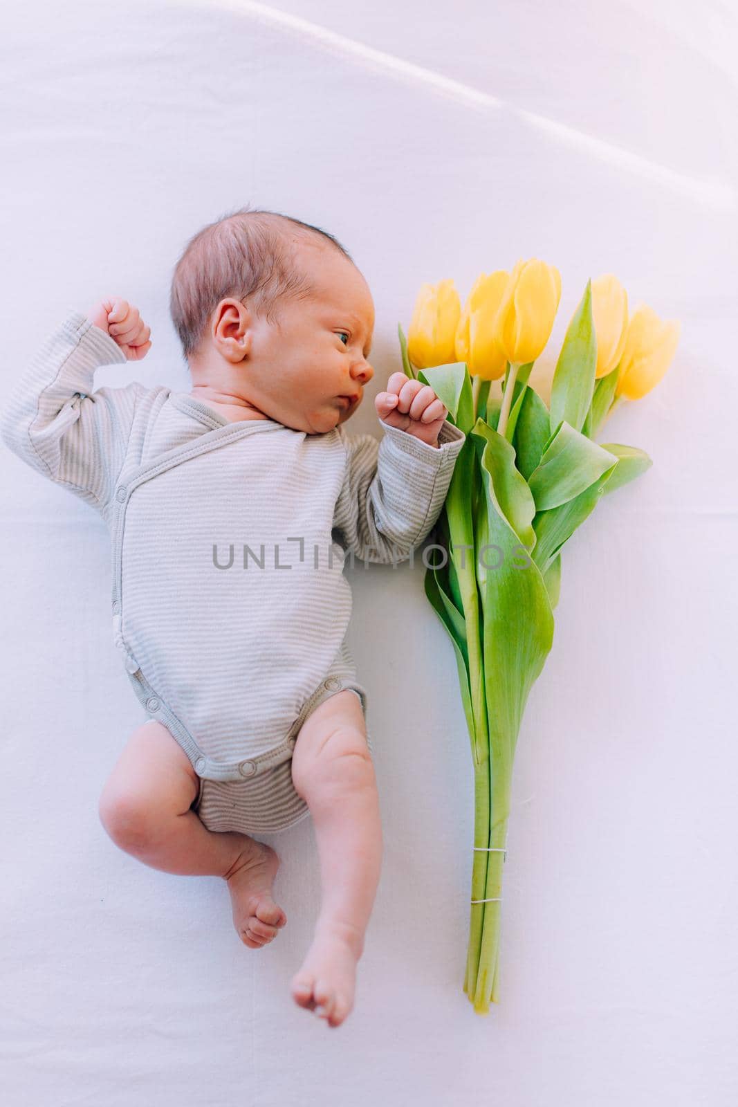 A newborn baby with a bouquet of tulips . A greeting card. March 8th. Baby and flowers. Yellow tulips