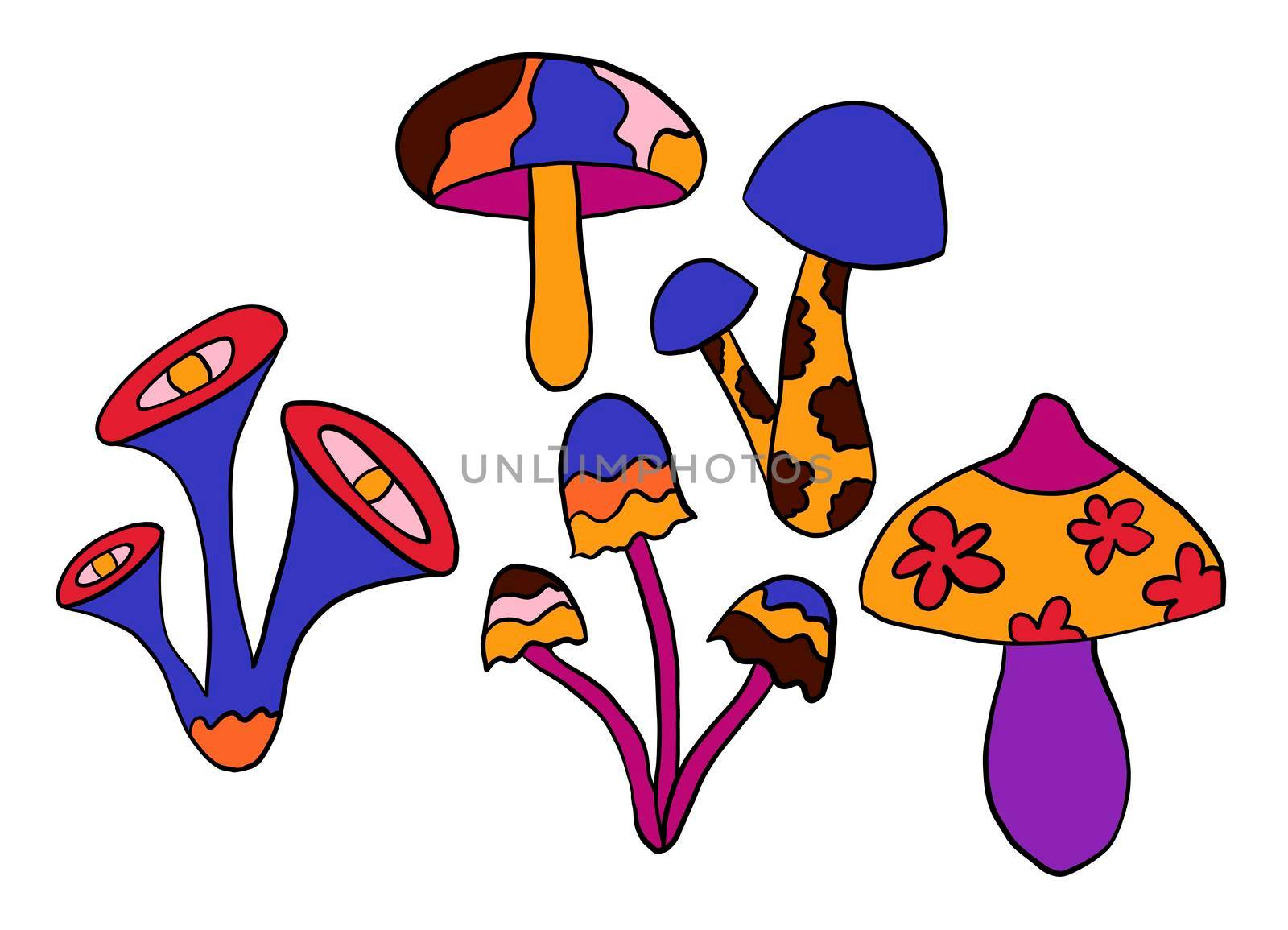 Hand drawn clipart illustration with hippie groovy mushrooms in orange purple blue red colors. Retro vintage 1960s 1970s style, trippy wild bright background with hallucination hypnotic elements. by Lagmar