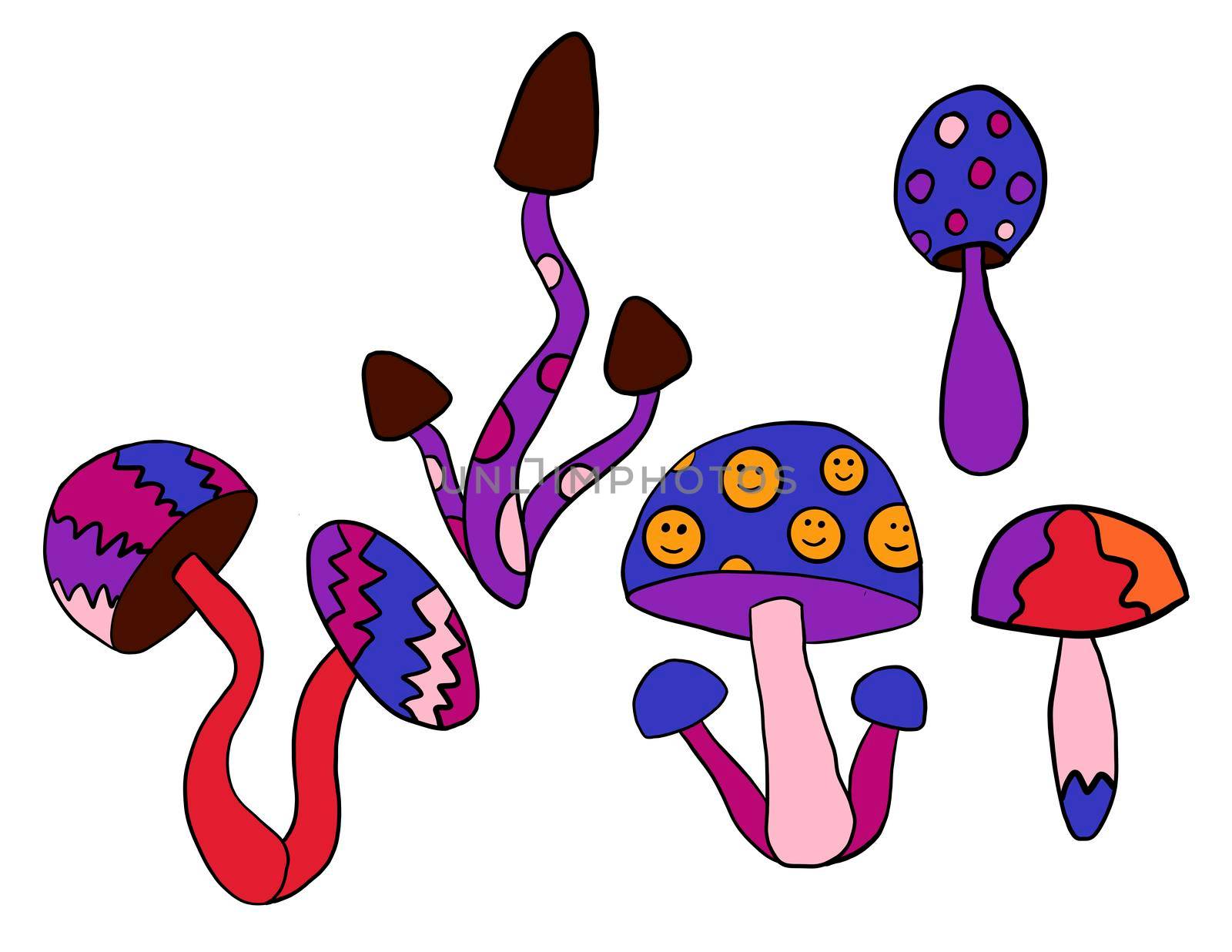 Hand drawn clipart illustration with hippie groovy mushrooms in orange purple blue red colors. Retro vintage 1960s 1970s style, trippy wild bright background with hallucination hypnotic elements. by Lagmar